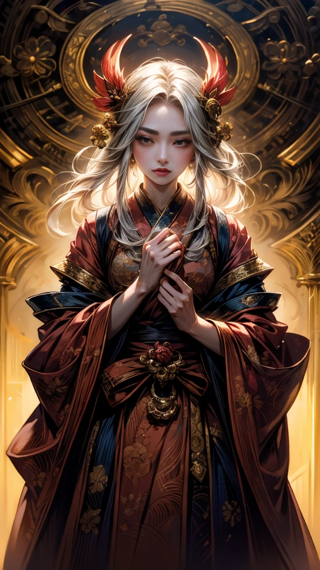 Amaterasu(Japanese Mythology)
Wrapped in sunlight、輝く衣装をまとったAmaterasu。The Ama-no-Iwato is depicted behind it.。