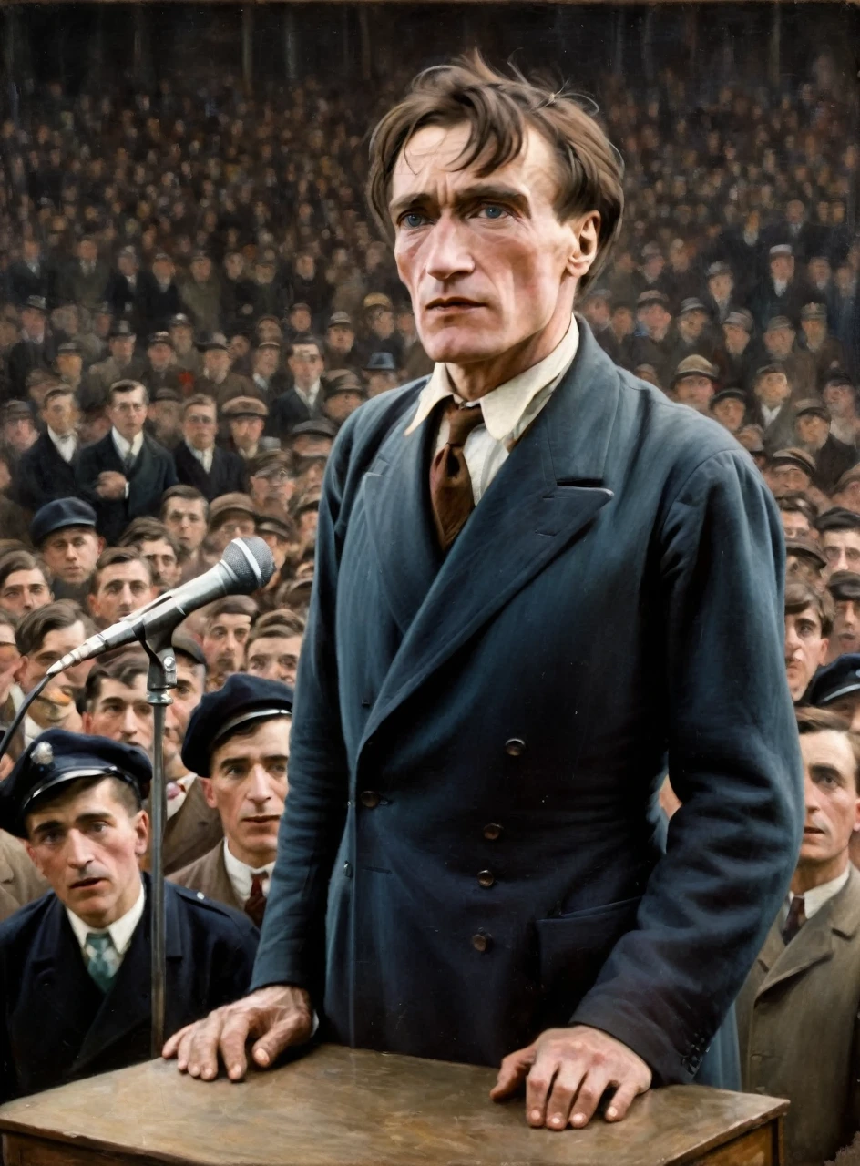 Full-length oil painting portrait of Artaud addressing a crowd at a podium in 1920s Paris, 