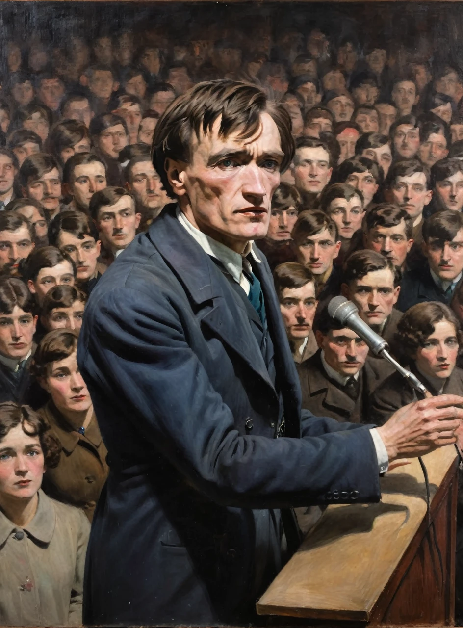 Full-length oil painting portrait of Artaud addressing a crowd at a podium in 1920s Paris, 