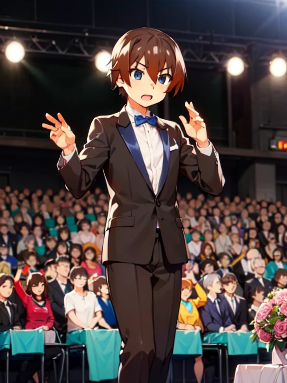 (Award-Winning Moment), (Keiichi_maebara), Keiichi_maebara, brown hair, Blue eyes, hair between eyes, 1 boy, (Award Ceremony), move, Award Announcement, audience, applause, tuxedo, Acceptance speech, demagogue, Gestures, bouquet, Eloquence, small🏆, 背景にaudience