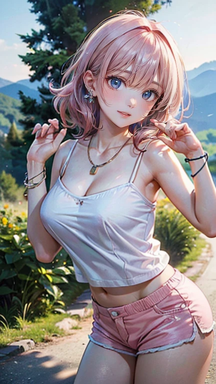 (Masterpiece, BestQuality:1.3), (ultra detailed:1.2), (hyperrealistic:1.3), (RAW photo:1.2), High detail RAW color photo, professional photograph, (Photorealistic:1.4), (realistic:1.4), professional lighting, perfect anatomy, (Big Breasts:1.2), (blush, detailed face), (Giddy Smile:1.8), Trending Hair&Trending Hairカラーをランダムに, earrings, necklace, bracelet, sexly, erotic sexly, Random sexy gravure poses, (A beautiful pink-haired woman wearing a white camisole and shorts、She is smiling and posing sexy while enjoying a hike in the mountains.。:1.3)