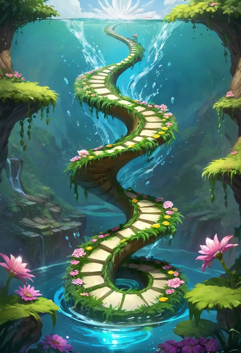 there is a painting of a spiral design with flowers in the water, concept art by Kieran Yanner, Artstation contest winner, process art, hearthstone art, hearthstone card art, hearthstone concept art, hearthstone splash art, hearthstone artwork, hearthstone style art, hearthstone card artwork, hearthstone card game artwork, blizzard hearthstone concept art, heartstone original art style, hearthstone art style