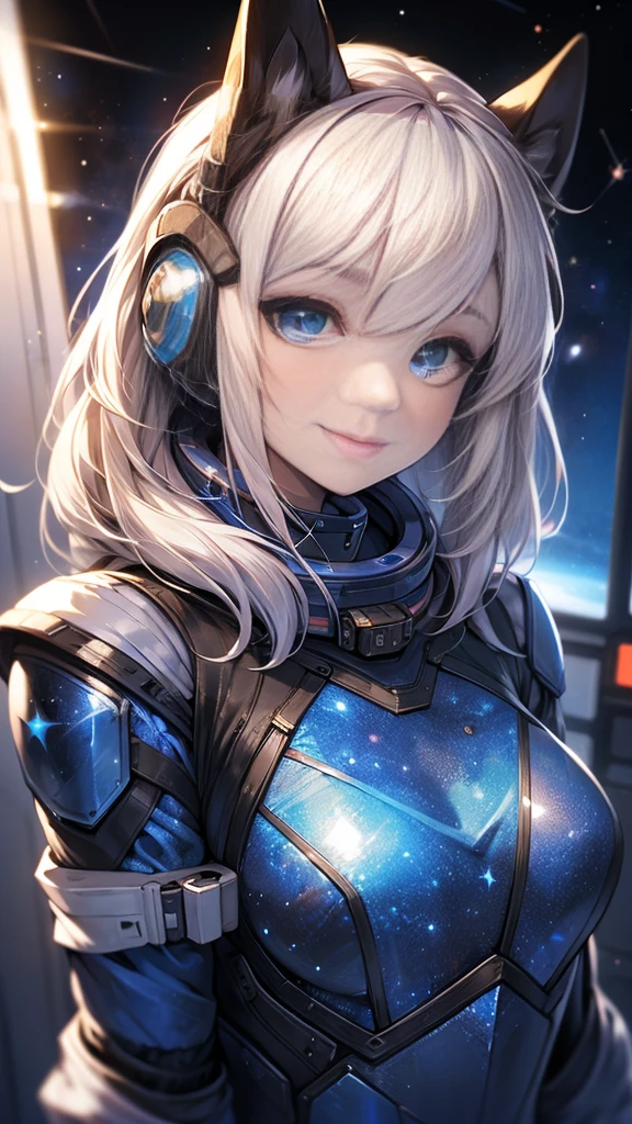 best quality, Ultra-high resolution, (realism: 1.4), Depth of Field, Pretty Face, (Pure face_v1: 0.8), Half Body, | | 1 Girl, Medium chest, (White hair: 1.3), Innocent smile, Natural Makeup, | | | Model pose, | | (Space suit: 1.3), (Blue Armor: 1.3), Sophisticated design, | | Space Background, Star_(Sky), moonlight, night, | |