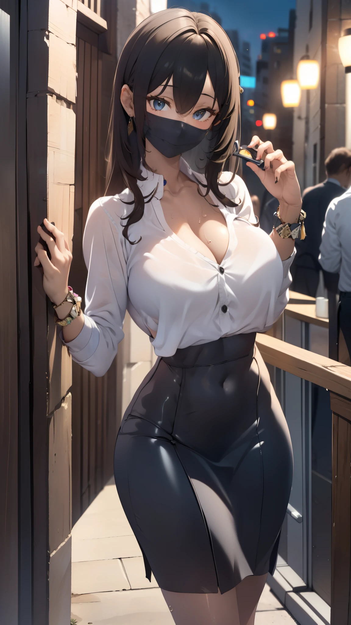 (Familiar, masterpiece, Highest quality, Complex),

Cowboy Shot, Kyoka Tachibana,

(((Big Breasts,))), 
1 girl, alone, 
Cute eyes, Beautiful Face, Perfect round ass, 
Fit and body, Female Pervert,


alone, Pale skin,
blue eyes, ((Beautiful mature woman)),
(/Black Mask:1.5/, /Grey tight long dress with plunging neckline:1.2/ & Lightweight cardigan), clavicle、Lazy face、/Black Hair/, Captivating smile, Mischievous face, Sweat, vapor, Embarrassing, blush, Excited, ((Voice of the Heart, Busts of Graduates))

Snapshots of the city、Fashion magazine style、Street Fashion Magazines、Full body view、Accessories Standing)、stylish、meat、Genuine、