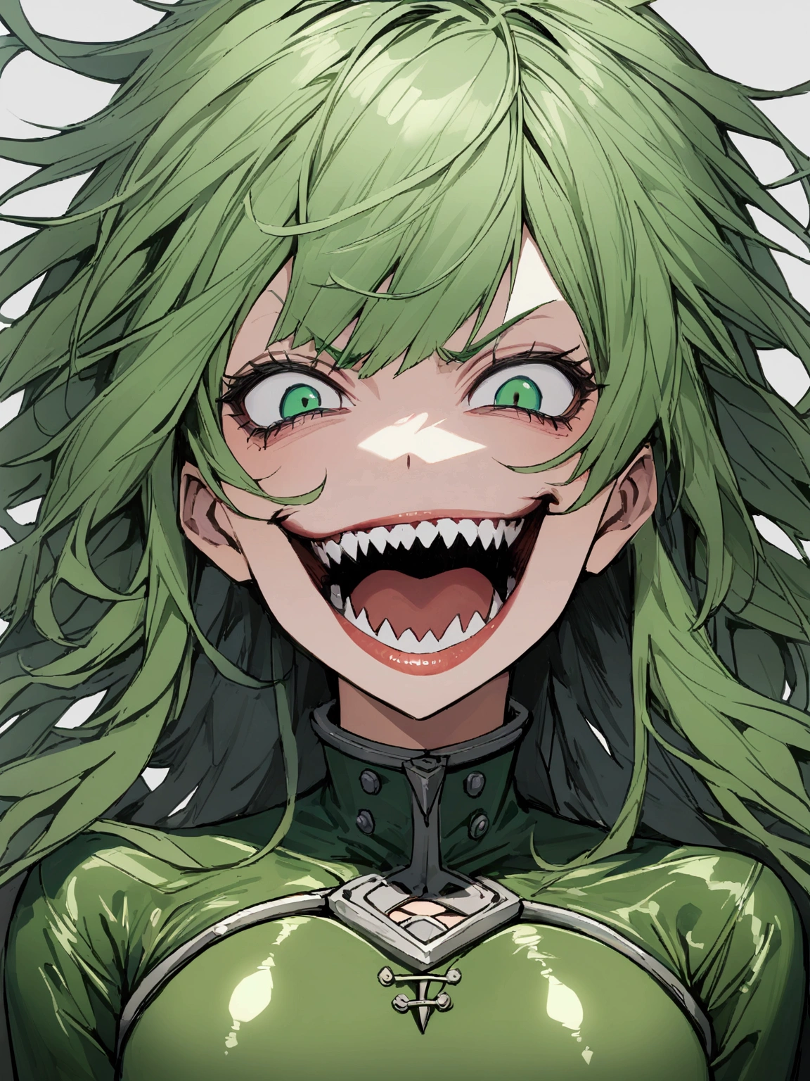1 girl, looking evil, Green long hair, Green eyes, shark teeth, black and green latex bodysuit, dark Green breastplate, crazy smile, Green lipstick, disheveled