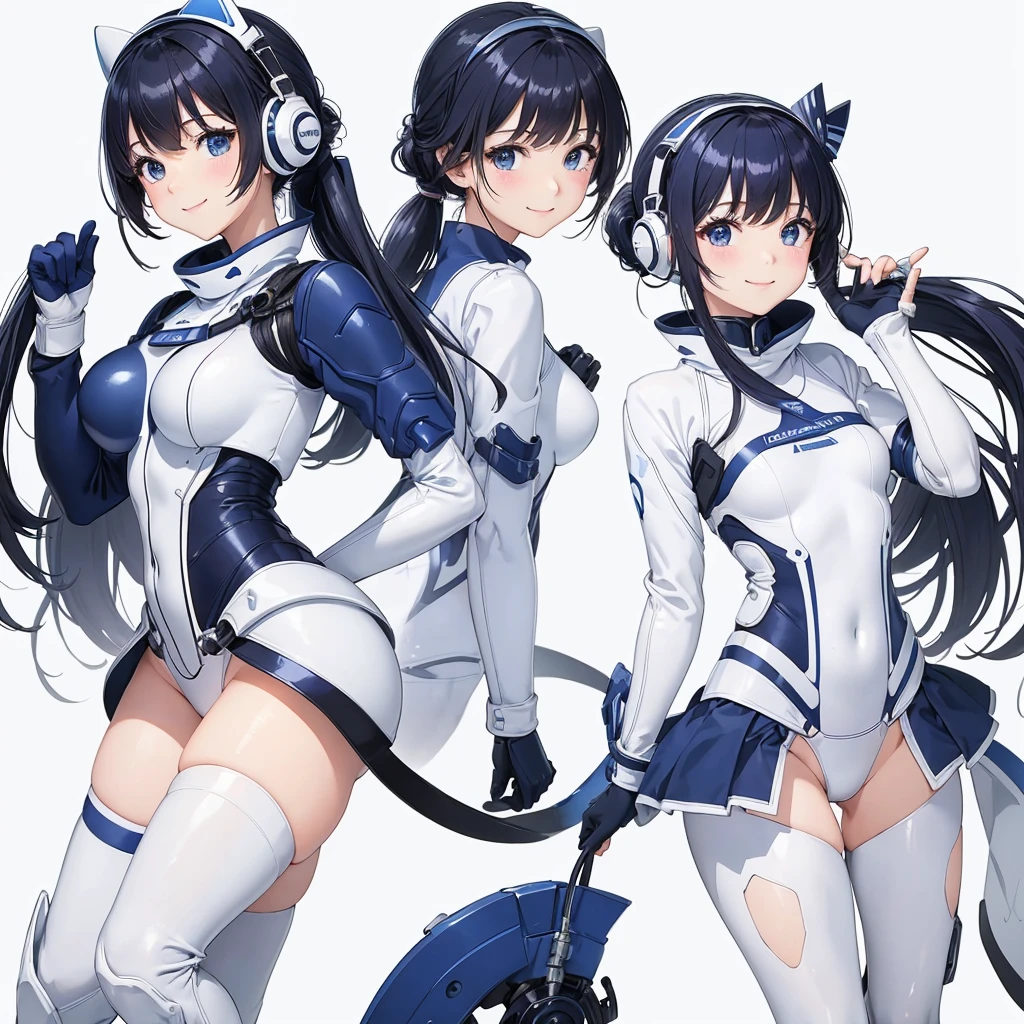 BREAK、(masterpiece、Highest quality、Highest Resolution、Clear_image、Detailed details): (One Girl's Full Body、Japanese Faces、High knot ponytail、cute、Dark blue hair girl、(Perfect body:1.4)、Sparkling blue eyes、(White and navy tight-fitting shiny pilot suit)、Very delicate and beautiful、Slim Body、Exoskeleton、cute系、Happy smile、Soft expression、heroine、White and navy blue long boots、Elbow-length gloves、headset)、(Simple Background、White background:1.6)