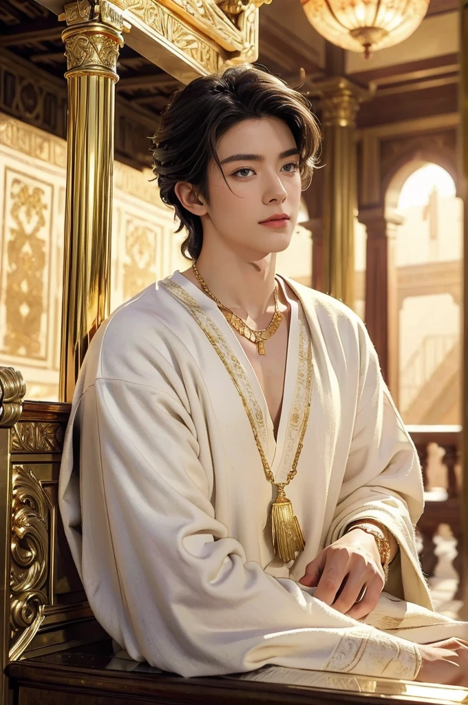 (((best quality))), (((ultra detailed))), (((masterpiece))), illustration, 1girl, young girl, fair complexion, flowing hair, gold necklace, white tunic, red toga, Roman-style public bathhouse, architectural grandeur, intricate frescoes, mosaic patterns, dashing middle-aged man, strong physique, short cropped hair, piercing blue eyes, white toga with gold thread, golden laurel wreath, serene atmosphere, scent of lavender and rosemary, soft laughter, whispered conversations, ancient Roman culture, timeless scene, enchanting journey through history