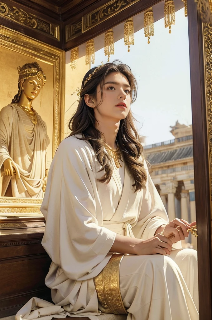 (((best quality))), (((ultra detailed))), (((masterpiece))), illustration, 1girl, young girl, fair complexion, flowing hair, gold necklace, white tunic, red toga, Roman-style public bathhouse, architectural grandeur, intricate frescoes, mosaic patterns, dashing middle-aged man, strong physique, short cropped hair, piercing blue eyes, white toga with gold thread, golden laurel wreath, serene atmosphere, scent of lavender and rosemary, soft laughter, whispered conversations, ancient Roman culture, timeless scene, enchanting journey through history