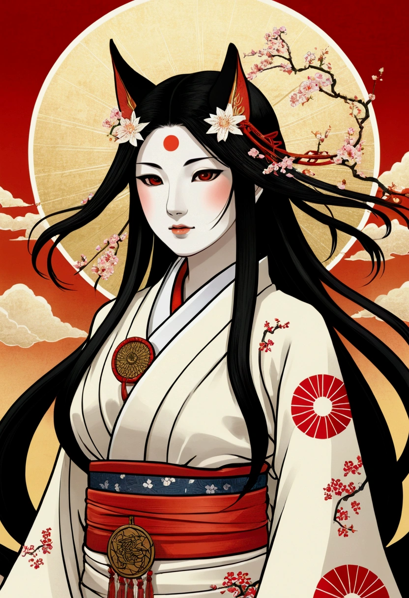 Amaterasu(Japanese Mythology)
Wrapped in sunlight、輝く衣装をまとったAmaterasu。The Ama-no-Iwato is depicted behind it.。