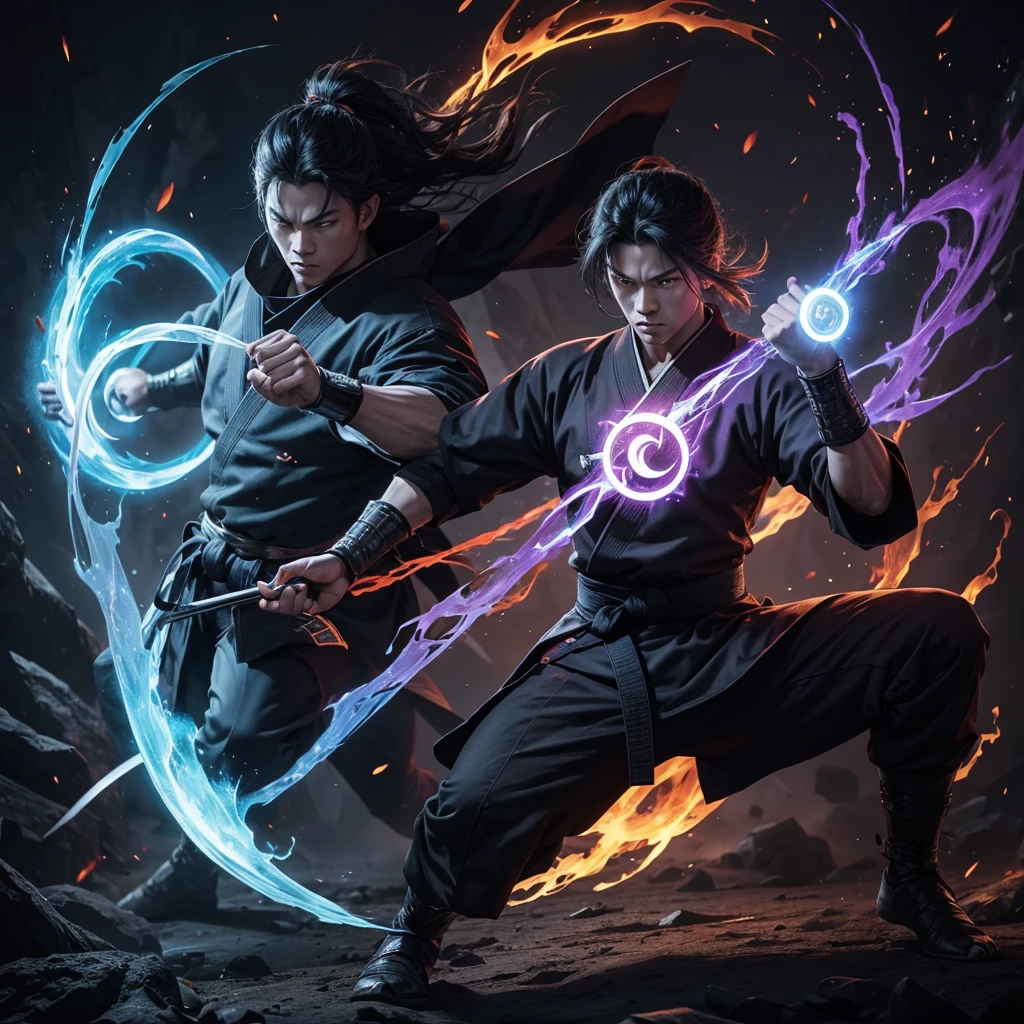 The main character shows him in a dynamic pose that reflects both his martial arts and magical abilities. Use a blend of modern and mystical elements to represent the transition from the martial arts world to the magic-dominated world, for background.Include magical effects, such as glowing runes or spell circles, alongside martial arts imagery like energy blasts or combat stances. Choose a color palette that contrasts the old and new worlds—perhaps dark, intense colors for the martial arts aspect and bright, mystical colors for the magic aspect. Place the title “Rebirth of the Martial Mage” in a prominent position. Use a bold, legible font that stands out against the background. Pets like demon and angel on both sides behind the main character with dynamic pose, lolly pet. 