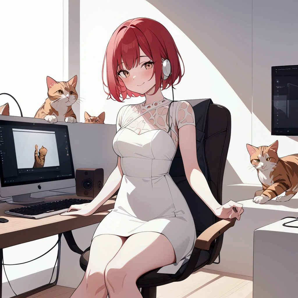 man, high resolution, looking at the audience, have a cat,smile, short hair, red hair,simple background, Sitting in front of the computer, Masterpiece, decorative arts, best quality, Anatomically correct,dress,earphones,