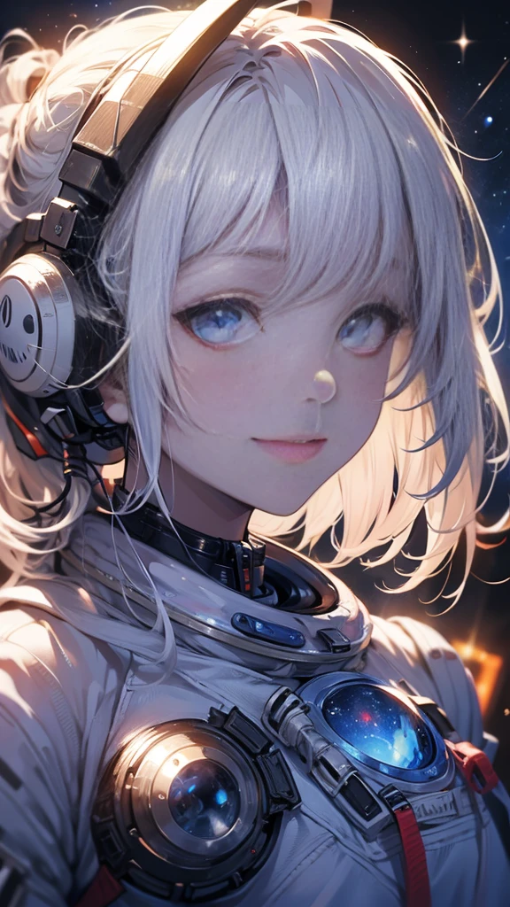 best quality, Ultra-high resolution, (realism: 1.4), Depth of Field, Pretty Face, (Pure face_v1: 0.8), Half Body, | | 1 Girl, Medium chest, (White hair: 1.3), Innocent smile, Natural Makeup, | | | Model pose, | | (Space suit: 1.3), (Blue Armor: 1.3), Sophisticated design, | | Space Background, Star_(Sky), moonlight, night, | |