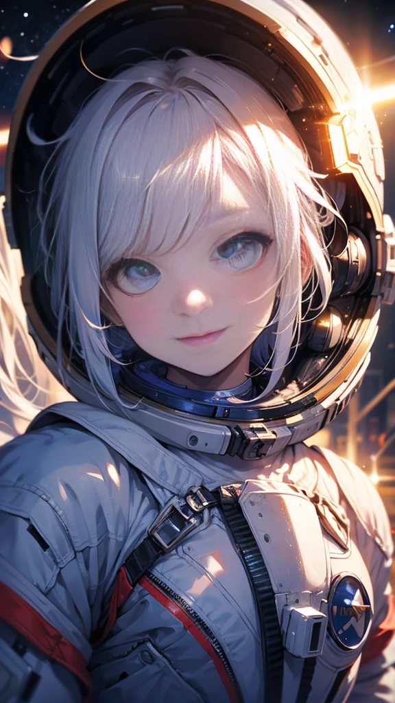 best quality, Ultra-high resolution, (realism: 1.4), Depth of Field, Pretty Face, (Pure face_v1: 0.8), Half Body, | | 1 Girl, Medium chest, (White hair: 1.3), Innocent smile, Natural Makeup, | | | Model pose, | | (Space suit: 1.3), (Blue Armor: 1.3), Sophisticated design, | | Space Background, Star_(Sky), moonlight, night, | |