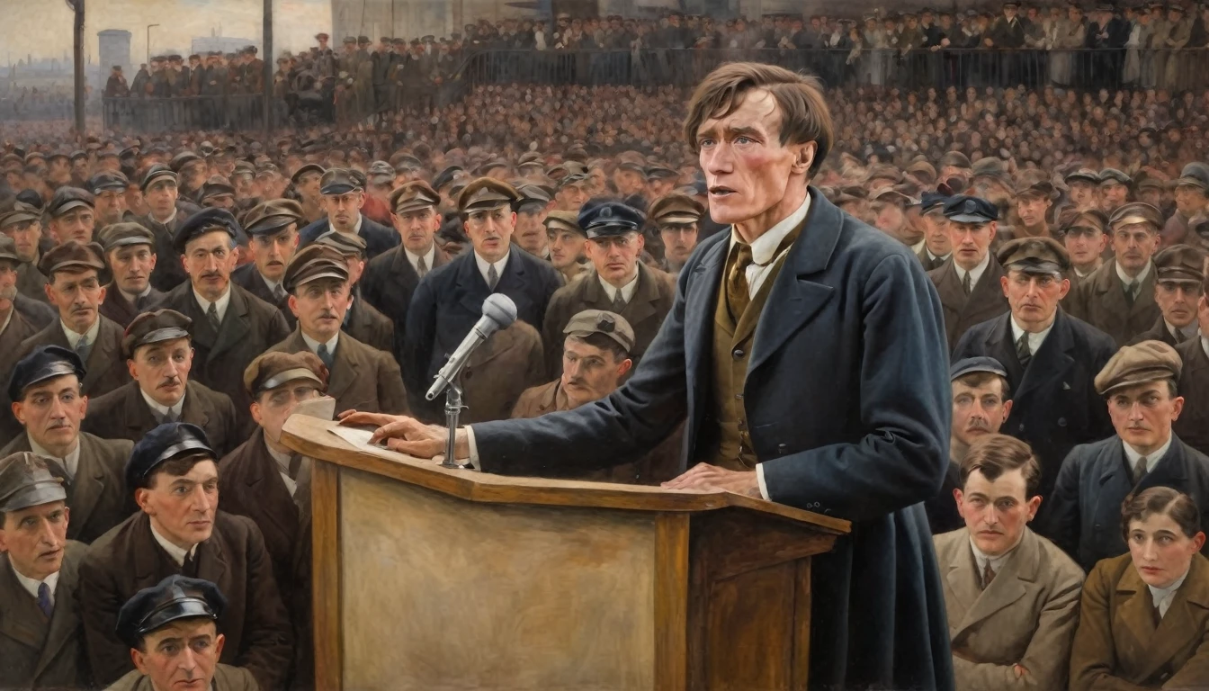 Full-length oil painting portrait of Artaud addressing a crowd at a podium in 1920s Paris, 