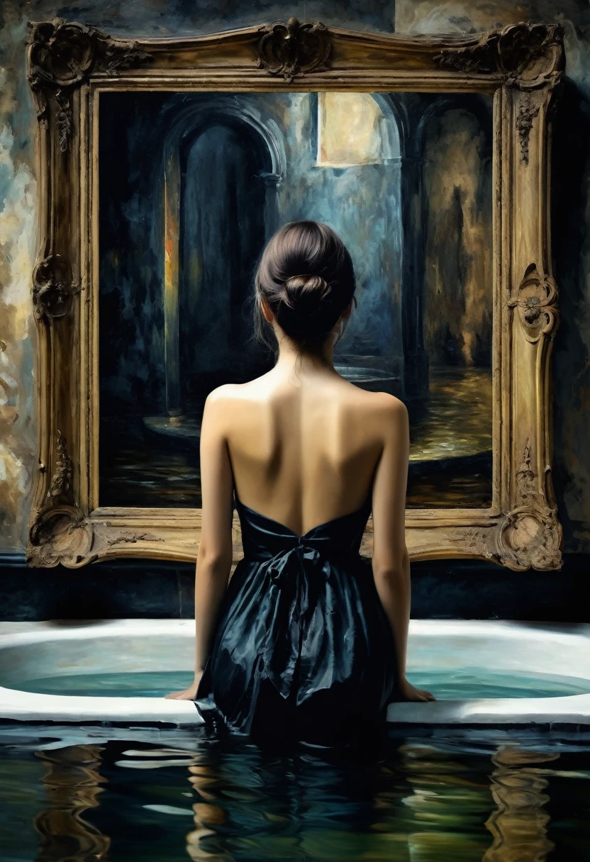 frame, old picture, horror tone, dark sense, abstract things in background, oil paint, {a painting of a woman from behind in a classical castle bathing area. This painting was created by an artist of the time}