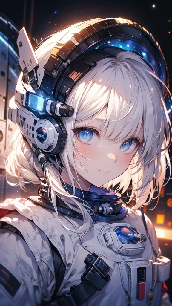 best quality, Ultra-high resolution, (realism: 1.4), Depth of Field, Pretty Face, (Pure face_v1: 0.8), Half Body, | | 1 Girl, Medium chest, (White hair: 1.3), Innocent smile, Natural Makeup, | | | Model pose, | | (Space suit: 1.3), (Blue Armor: 1.3), Sophisticated design, | | Space Background, Star_(Sky), moonlight, night, | |