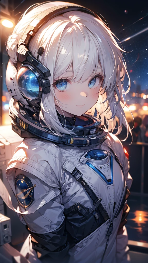 best quality, Ultra-high resolution, (realism: 1.4), Depth of Field, Pretty Face, (Pure face_v1: 0.8), Half Body, | | 1 Girl, Medium chest, (White hair: 1.3), Innocent smile, Natural Makeup, | | | Model pose, | | (Space suit: 1.3), (Blue Armor: 1.3), Sophisticated design, | | Space Background, Star_(Sky), moonlight, night, | |