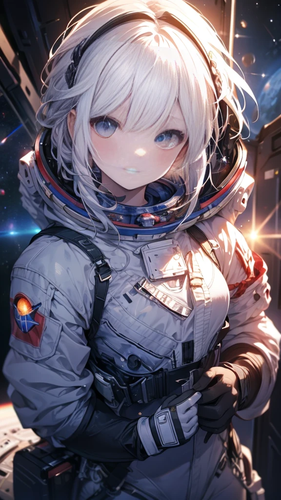 best quality, Ultra-high resolution, (realism: 1.4), Depth of Field, Pretty Face, (Pure face_v1: 0.8), Half Body, | | 1 Girl, Medium chest, (White hair: 1.3), Innocent smile, Natural Makeup, | | | Model pose, | | (Space suit: 1.3), (Blue Armor: 1.3), Sophisticated design, | | Space Background, Star_(Sky), moonlight, night, | |