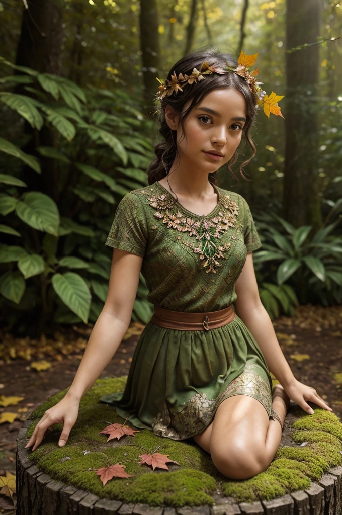 A whimsical miniature figure crafted from delicately arranged autumn leaves dances gracefully on the rim of a weathered, moss- covered terracotta pot. It is set against a lush, vibrant forest backdrop, where dappled sunlight filters through the canopy above, casting intricate shadows.
The scene has an ethereal aesthetic with warm, earthy tones of sienna, umber, and olive green, accented by hints of emerald and golden light, evoking a sense of wonder and enchantment, as if plucked from a fantastical realm.