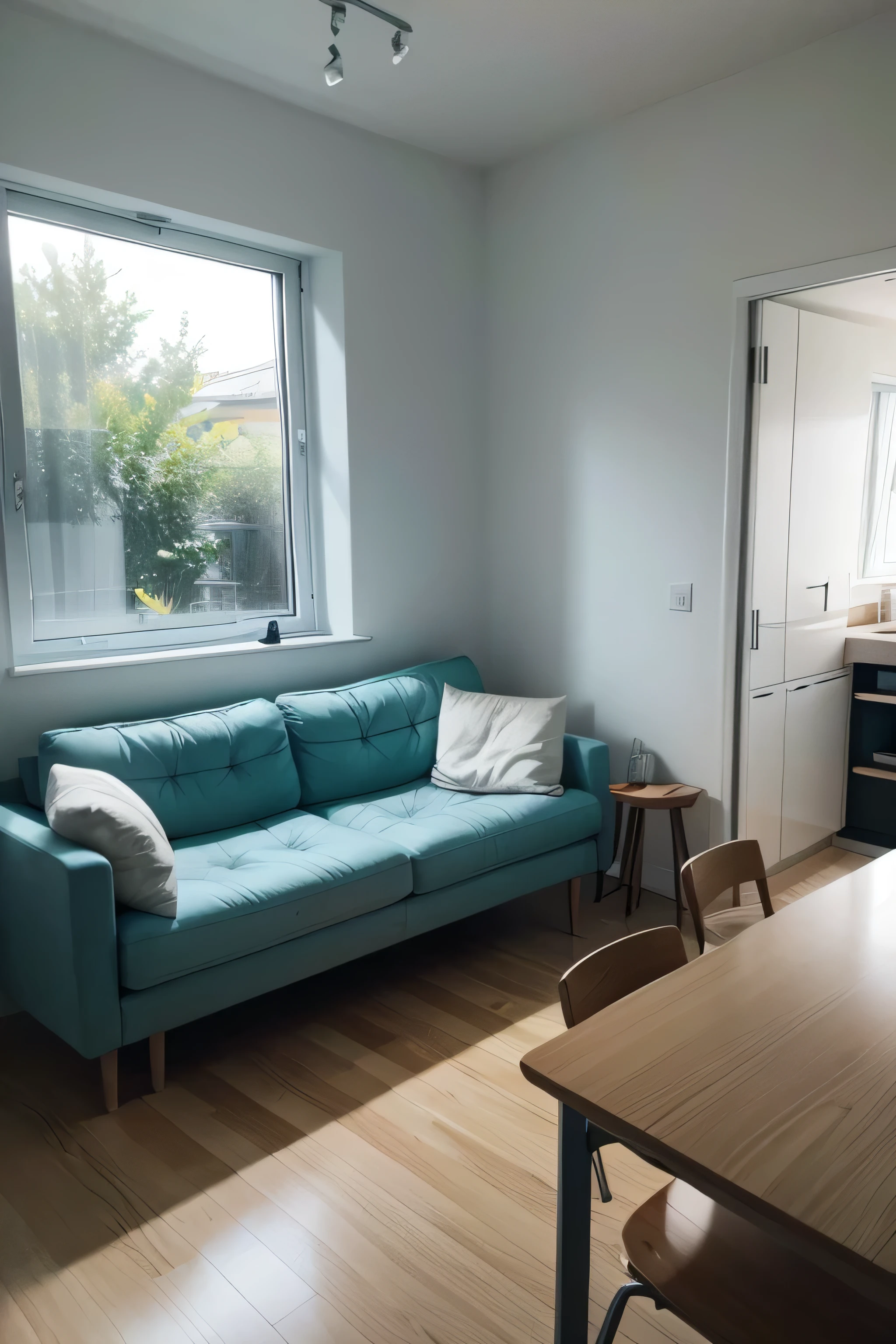 A high angle full body shot of a compact house with "meia água" configuration, featuring a higher back wall and a lower front wall, in a small urban lot, showcasing the modern minimalist design with white and light gray walls, small welcoming mat at the entrance, compact kitchen with folding countertop and upper cabinets on the right wall, a teal blue sofa-bed against the left wall, small multifunctional coffee table, foldable desk near the window, ergonomic chair, and floating shelves with books and decor above, bathroom in the corner with simple and functional shelves, soft backlight, during the afternoon with natural light filtering through the window, shot with a Sony A7R IV, 28mm lens, vibrant colors