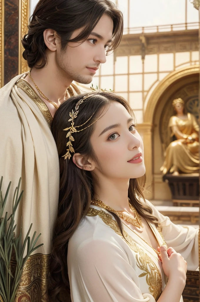 (((best quality))), (((ultra detailed))), (((masterpiece))), illustration, 1girl, young girl, fair complexion, flowing hair, gold necklace, white tunic, red toga, Roman-style public bathhouse, architectural grandeur, intricate frescoes, mosaic patterns, dashing middle-aged man, strong physique, short cropped hair, piercing blue eyes, white toga with gold thread, golden laurel wreath, serene atmosphere, scent of lavender and rosemary, soft laughter, whispered conversations, ancient Roman culture, timeless scene, enchanting journey through history