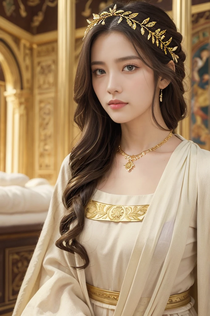 (((best quality))), (((ultra detailed))), (((masterpiece))), illustration, 1girl, young girl, fair complexion, flowing hair, gold necklace, white tunic, red toga, Roman-style public bathhouse, architectural grandeur, intricate frescoes, mosaic patterns, dashing middle-aged man, strong physique, short cropped hair, piercing blue eyes, white toga with gold thread, golden laurel wreath, serene atmosphere, scent of lavender and rosemary, soft laughter, whispered conversations, ancient Roman culture, timeless scene, enchanting journey through history