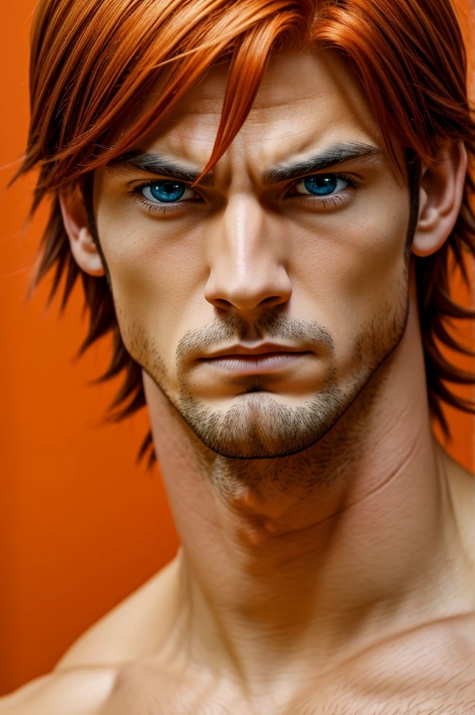  Chico, muscular, orange hair blue eyes, serious expression without beard anime style.