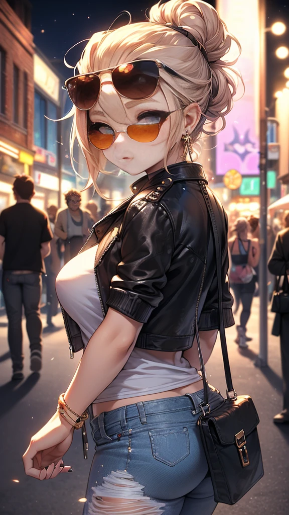 (masterpiece:1.2, best quality), 1. Ms., Solitary, Upper Body, Big , Chic and avant-garde leather jacket with white T-shirt and ripped jeans，Light makeup and messy bun，Confident and relaxed (Music festivals or trendy downtown neighborhoods) Statement sunglasses and large jewelry, Comes with a convenient crossbody bag