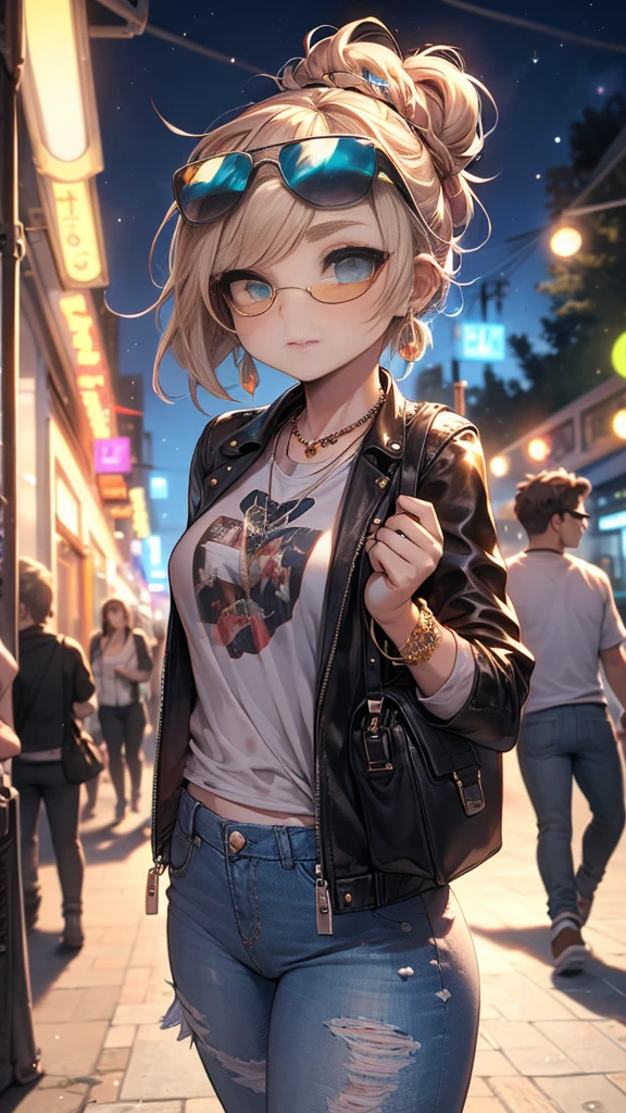 (masterpiece:1.2, best quality), 1. Ms., Solitary, Upper Body, Big , Chic and avant-garde leather jacket with white T-shirt and ripped jeans，Light makeup and messy bun，Confident and relaxed (Music festivals or trendy downtown neighborhoods) Statement sunglasses and large jewelry, Comes with a convenient crossbody bag