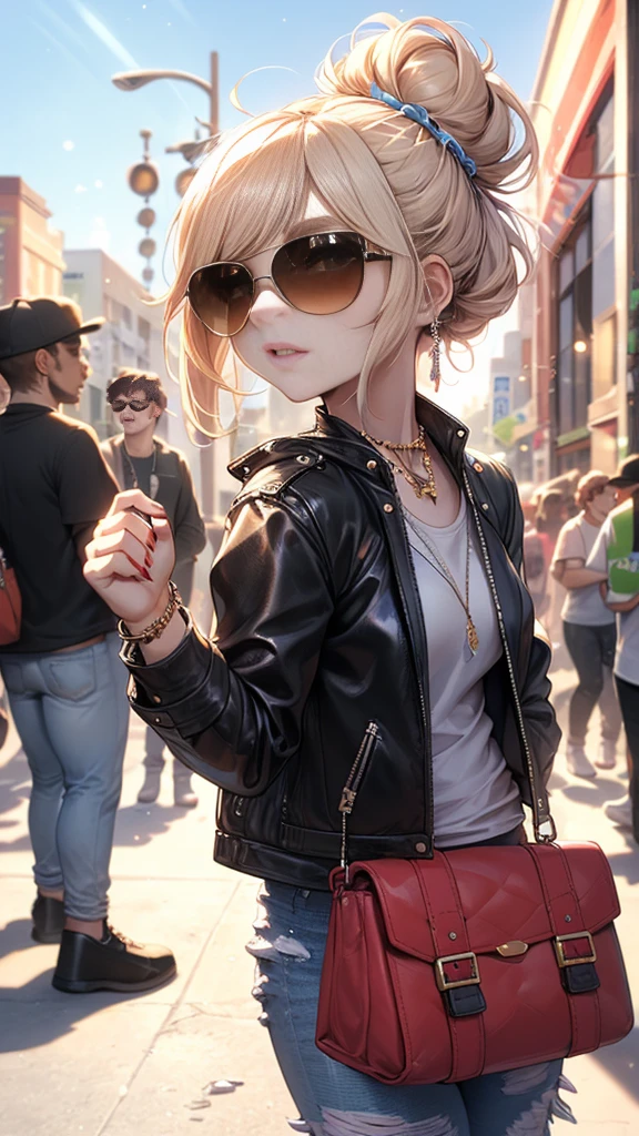 (masterpiece:1.2, best quality), 1. Ms., Solitary, Upper Body, Big , Chic and avant-garde leather jacket with white T-shirt and ripped jeans，Light makeup and messy bun，Confident and relaxed (Music festivals or trendy downtown neighborhoods) Statement sunglasses and large jewelry, Comes with a convenient crossbody bag