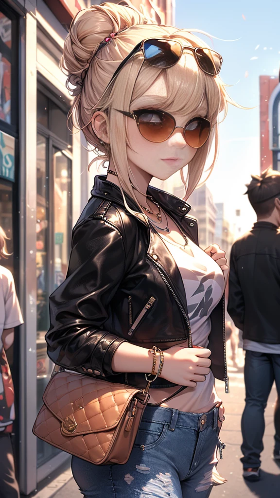 (masterpiece:1.2, best quality), 1. Ms., Solitary, Upper Body, Big , Chic and avant-garde leather jacket with white T-shirt and ripped jeans，Light makeup and messy bun，Confident and relaxed (Music festivals or trendy downtown neighborhoods) Statement sunglasses and large jewelry, Comes with a convenient crossbody bag