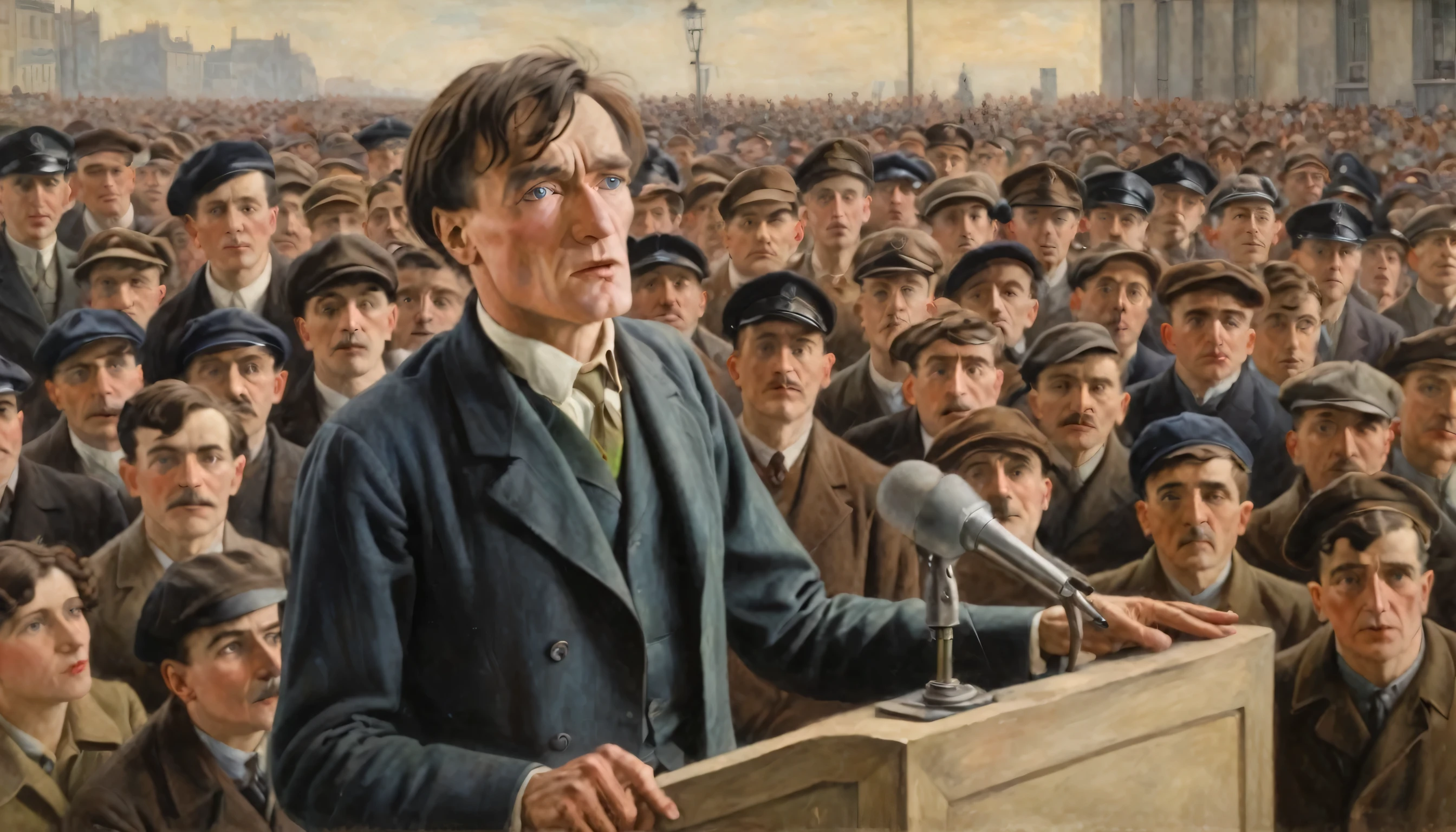 Full-length oil painting portrait of Artaud addressing a crowd at a podium in 1920s Paris, 