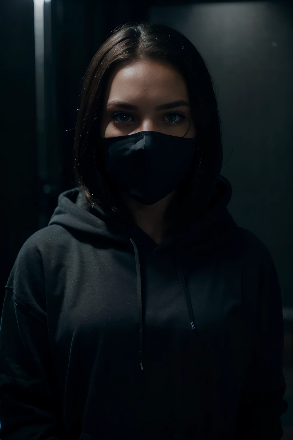 a young woman, black hoodie, face mask, blue eyes, night, detailed face, realistic, portrait, cinematic lighting, moody atmosphere, high quality, 8k, realistic, photorealistic, extremely detailed, masterpiece, studio lighting, dramatic lighting, cinematic, hyper-realistic, sharp focusa young man, black hoodie, face mask, blue eyes, night, detailed face, realistic, portrait, cinematic lighting, moody atmosphere, high quality, 8k, realistic, photorealistic, extremely detailed, masterpiece, studio lighting, dramatic lighting, cinematic, hyper-realistic, sharp focus