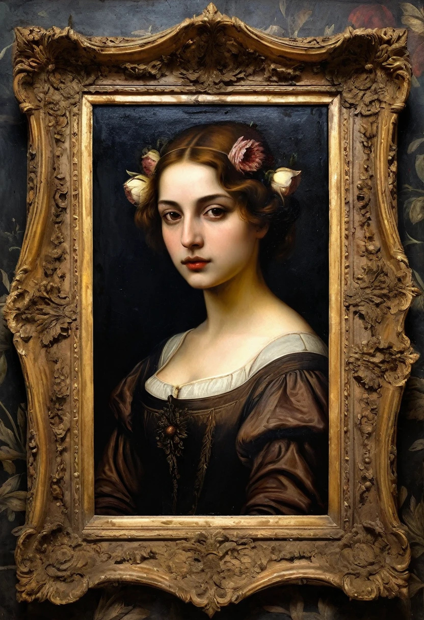 portrait, frame, old picture, horror tone, dark senss dead flowers in background, oil paint, antique period, the image was painted by a Renaissance artist, the painting must have signs of use and must be aged, a painting of a woman in a classical castle}