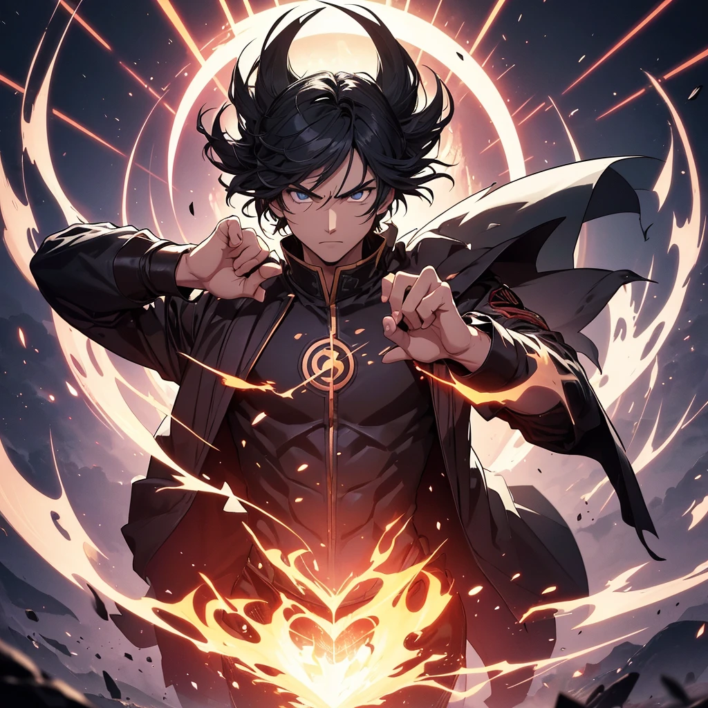 The main character shows him in a dynamic pose that reflects both his martial arts and magical abilities. Use a blend of modern and mystical elements to represent the transition from the martial arts world to the magic-dominated world, for background.Include magical effects, such as glowing runes or spell circles, alongside martial arts imagery like energy blasts or combat stances. Choose a color palette that contrasts the old and new worlds—perhaps dark, intense colors for the martial arts aspect and bright, mystical colors for the magic aspect. Place the title “Rebirth of the Martial Mage” in a prominent position. Use a bold, legible font that stands out against the background. Pets like demon and angel on both sides behind the main character with dynamic pose, lolly pet.
