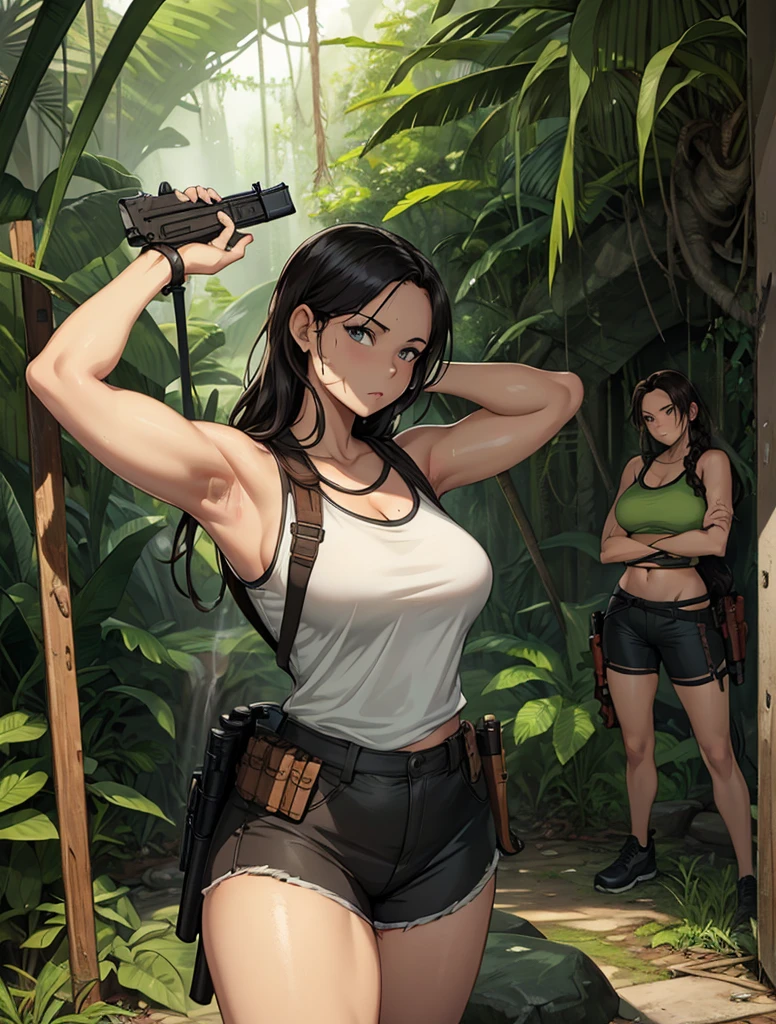 a woman in a white t-shirt and black shorts holding a gun, lara croft, magnificent jungle ranger, thick jungle, deviantart art station cgscosiety, in a jungle, hyperrealistic adventure rendering, lara croft relaxing, muscular sweat lara croft, alena aenami and artgerm, Tomb Raider beautiful, thick, ultra realistic concept art, chica sexy