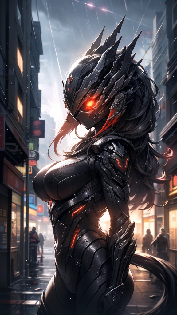 1 Japanese girl, Warframe, Complex patterns, heavy metal, Energy Line, The Faceless, Glowing eyes, elegant, intense, Blood red and black, Solitary, Modern, City, street, dark clouds, thunderstorm, Heavy rain,, Dramatic Lighting,, (masterpiece:1.2), best quality, high resolution,   Exquisite and detailed, Extremely detailed, Perfect lighting,