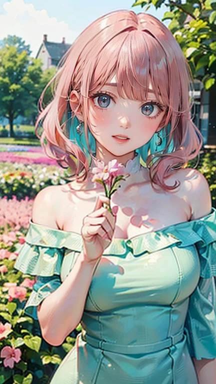 (Masterpiece, BestQuality:1.3), (ultra detailed:1.2), (hyperrealistic:1.3), (RAW photo:1.2), High detail RAW color photo, professional photograph, (Photorealistic:1.4), (realistic:1.4), (Pink Hair:1.5), professional lighting, perfect anatomy, (Big Breasts:1.2), (blush, detailed face), (A happy smile:1.7), sexly, erotic sexly, Random sexy gravure poses, (A beautiful, refreshing girl wearing a mint green off-shoulder dress、Smiling while picking flowers in a flower field、Pearl Earrings、Pose with flowers in hand。:1.3)