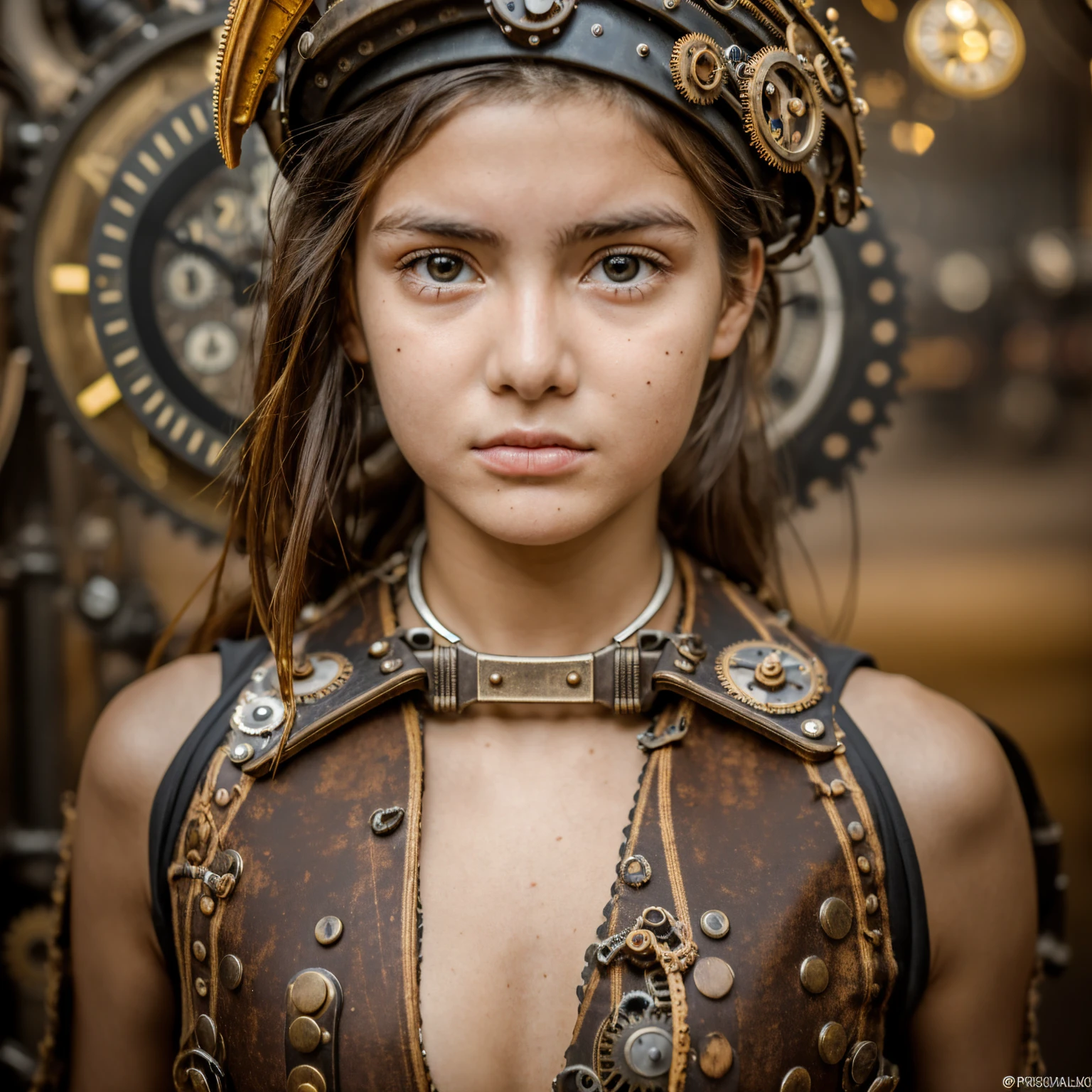 Columbian 13 year old girl, half body view, (front to camera), detailed european face, (aspiring facial expression), (((steampunk style close))), ((steampunk city on the background)), RAW, analog style, ultra detailed photograph, cinematic lighting, artstation, 4k, sharp focus, high resolution, detailed skin, detailed eyes, naked
