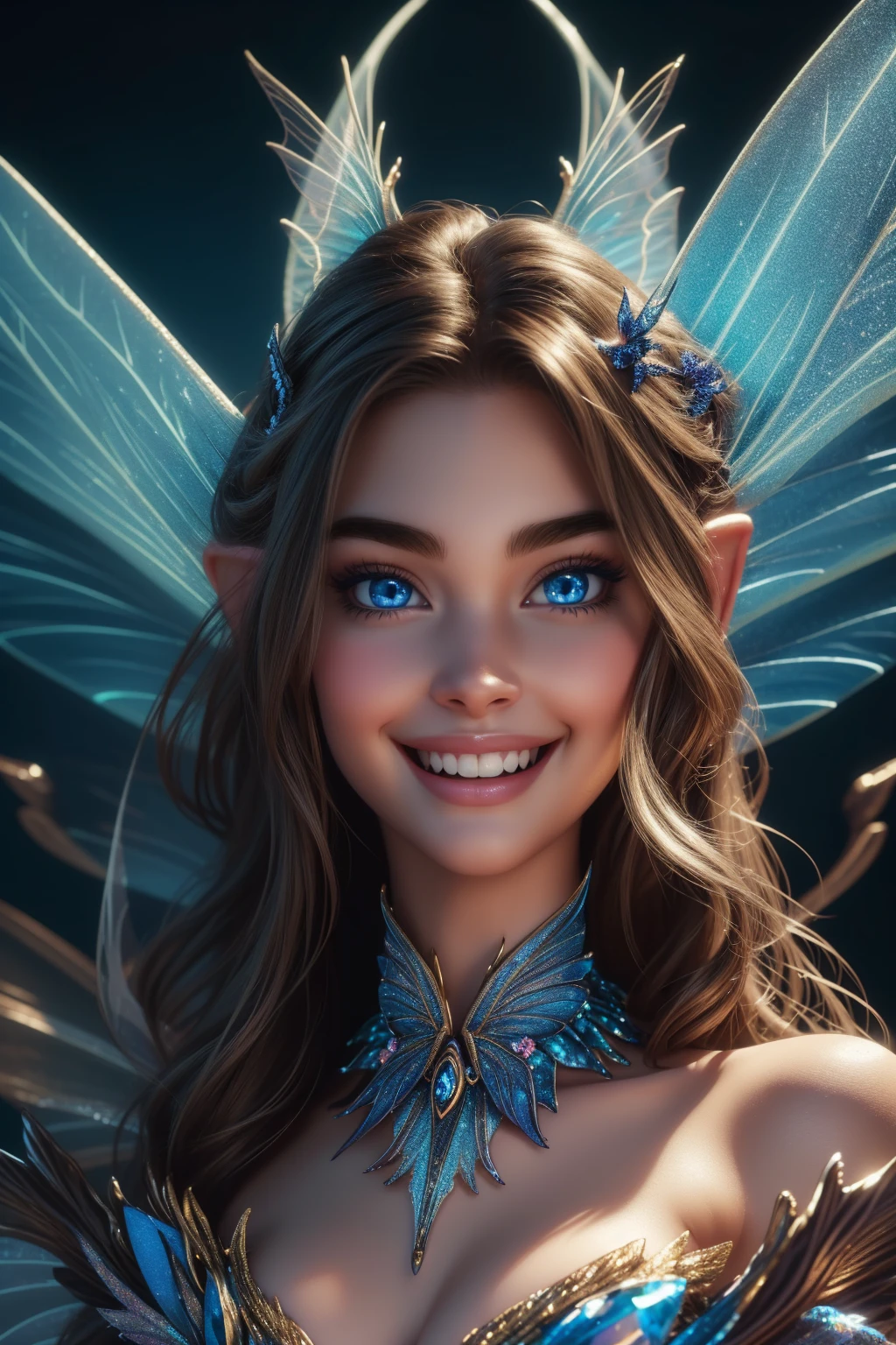 Megan Williams, ultra detailed face, blue eyes, long hair, pointy ears, (((huge wings, fairy, masterpiece, smiling)))