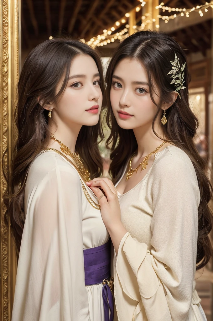 (((best quality))), (((ultra detailed))), (((masterpiece))), illustration, 1girl, young girl, fair complexion, flowing hair, gold necklace, white tunic, red dress, Roman-style public bathhouse, architectural grandeur, intricate frescoes, mosaic patterns, dashing middle-aged man, strong physique, short cropped hair, piercing blue eyes, white tank top with gold thread, golden laurel wreath, serene atmosphere, scent of lavender and rosemary, soft laughter, whispered conversations, ancient Roman culture, timeless scene, enchanting journey through history