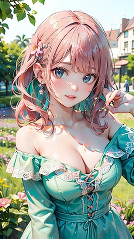 (Masterpiece, BestQuality:1.3), (ultra detailed:1.2), (hyperrealistic:1.3), (RAW photo:1.2), High detail RAW color photo, professional photograph, (Photorealistic:1.4), (realistic:1.4), (Pink Hair:1.5), professional lighting, perfect anatomy, (Big Breasts:1.2), (blush, detailed face), (A happy smile:1.7), sexly, erotic sexly, Random sexy gravure poses, (A beautiful, refreshing girl wearing a mint green off-shoulder dress、Smiling while picking flowers in a flower field、Pearl Earrings、Pose with flowers in hand。:1.3)
