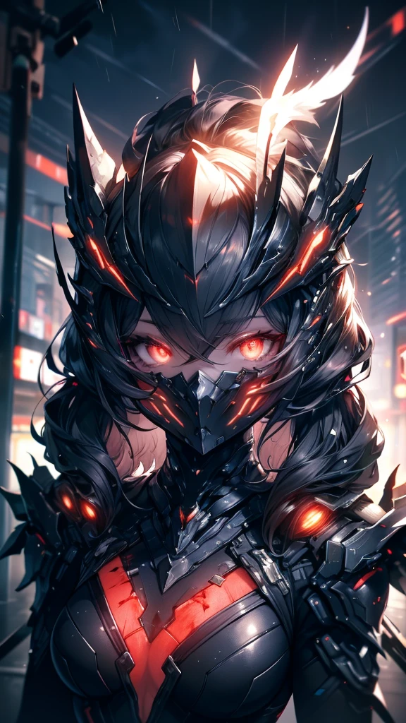 1 Japanese girl, Warframe, Complex patterns, heavy metal, Energy Line, The Faceless, Glowing eyes, elegant, intense, Blood red and black, Solitary, Modern, City, street, dark clouds, thunderstorm, Heavy rain,, Dramatic Lighting,, (masterpiece:1.2), best quality, high resolution,   Exquisite and detailed, Extremely detailed, Perfect lighting,