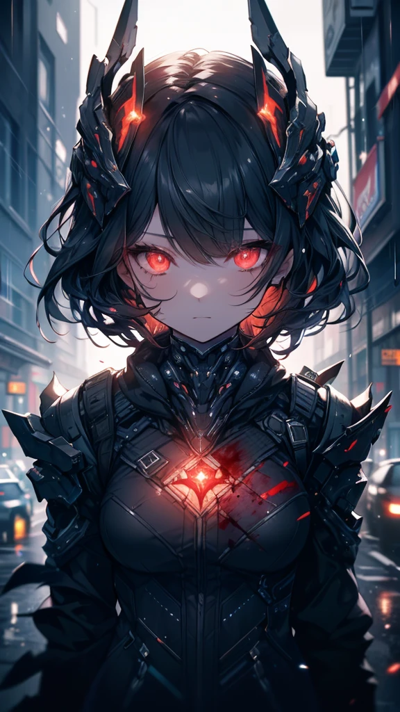 1 Japanese girl, Warframe, Complex patterns, heavy metal, Energy Line, The Faceless, Glowing eyes, elegant, intense, Blood red and black, Solitary, Modern, City, street, dark clouds, thunderstorm, Heavy rain,, Dramatic Lighting,, (masterpiece:1.2), best quality, high resolution, Exquisite and detailed, Extremely detailed, Perfect lighting,