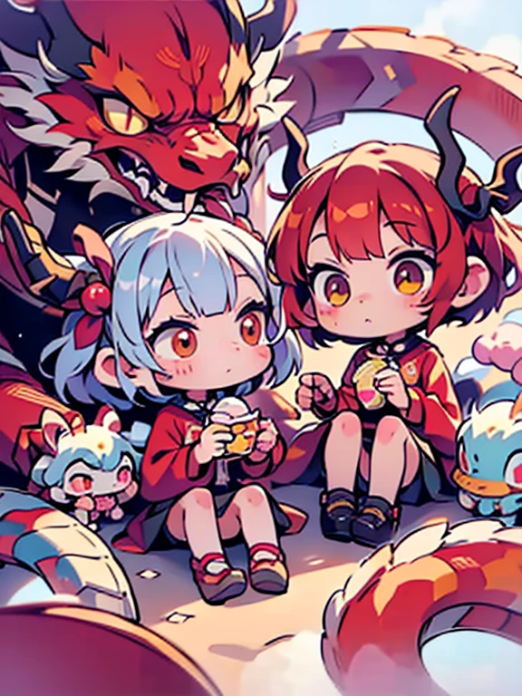 various Chibi girls surrounded by Dragons, panic face🎈🍦🍹❤(