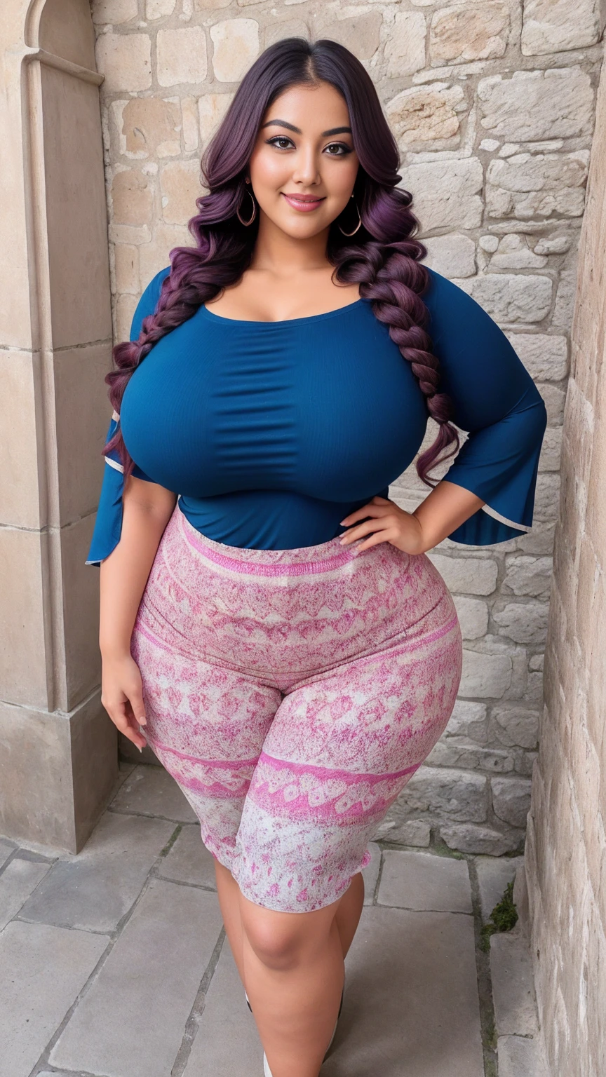 gorgeous curvy plus size Indian bengali actress ritavori , glowing eyes, wearing SHEIN Clasi Women's Summer Casual Color-Block Printed Batwing Sleeve Shirt Color: Blue , covered Bust, parted lips, blushing cheeks, thick thighs, bigger waist, busty, curvy plus size body, full body, full body shot, head to toe view, smoothning burgendy color hair with pfrench braid hairstyle, hourglass body, curvy plus size body, smile face, bigger waist, busty, big hips, fleshy thighs, thick thighs, busty, full body view, Dubrovnik Old Town, Croatia: Medieval walled city with coastal views.