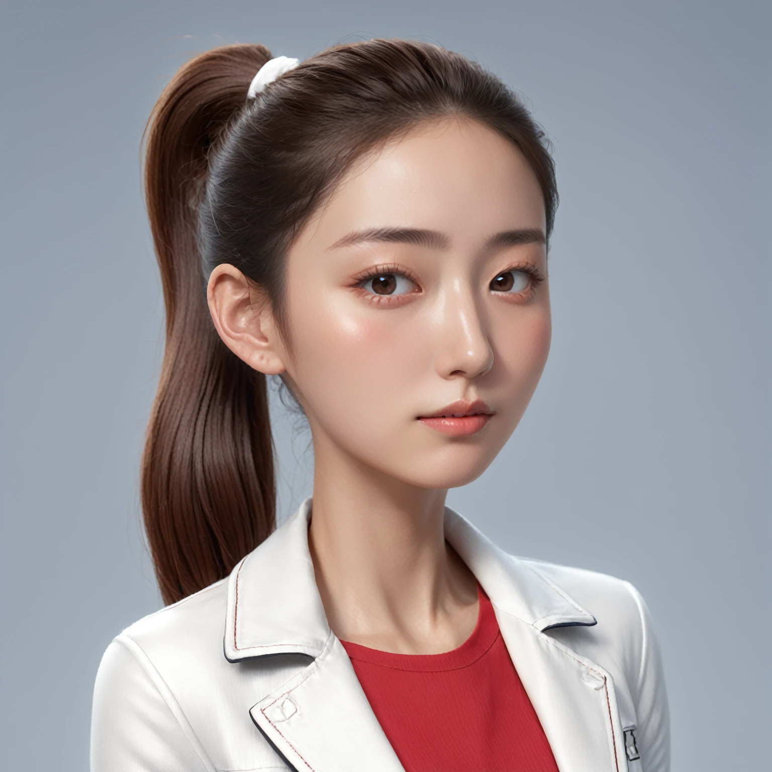 there is a woman with a ponytail and a red top, realistic studio portrait, realistic portrait photo, high quality portrait, for hire 3d artist, realistic professional photo, 3d portrait, photorealistic beautiful face, cg artist, close-up professional portrait, headshot portrait, professional profile picture, professional portrait hd, photorealistic anime girl render, promotional portrait