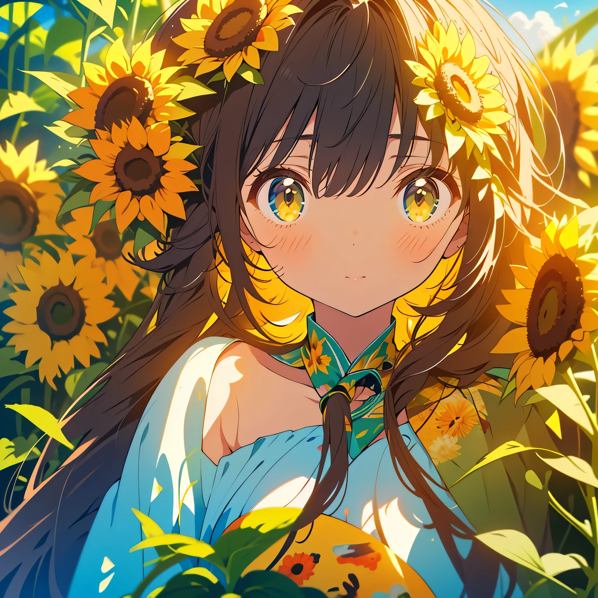 kawaii, anime, Cute, hyper quality, highly detailed, 8k, Clarity, Draw facial expressions in detail, Girl with long dark brown hair and green eyes, sunflower, painting, art, whole body, colorful ink, canvas, oil, brush, paint, paint, 999 sunflowers, surrounded by sunflowers, pull composition, Expanding composition, bird's eye view, 