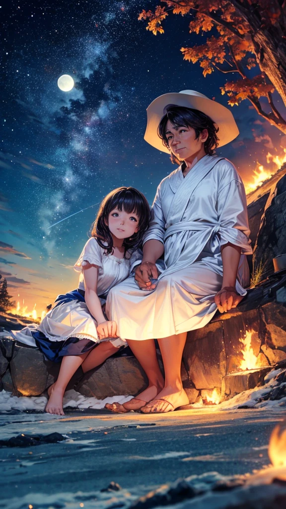 A couple is sitting on the mountain. It is a moonlit night. The couple is wearing short clothes. The girl has big hips and a fire is burning.
