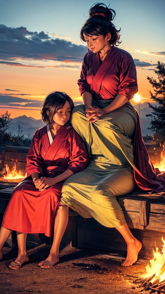 A couple is sitting on the mountain. It is a moonlit night. The couple is wearing short clothes. The girl has big hips and a fire is burning.